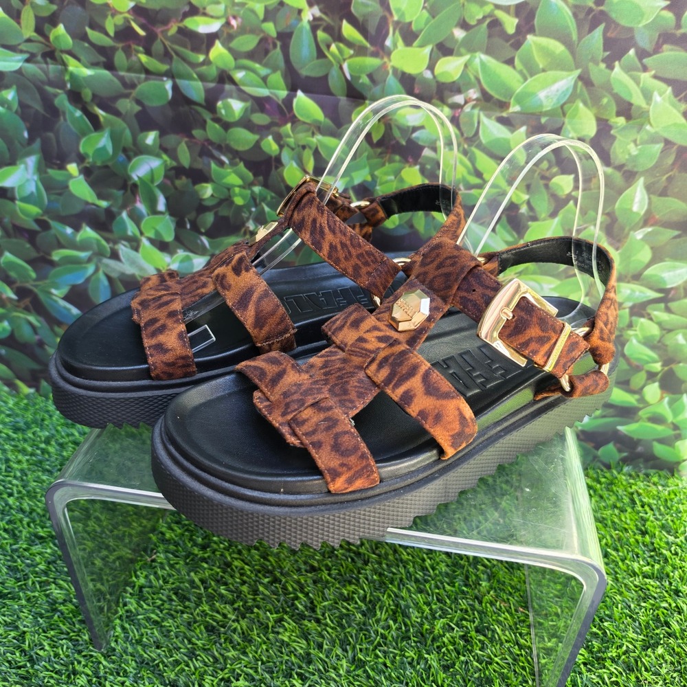 Buffalo London Leopard Print Platform Sandals Chunky Gladiator Gold Hardware 41